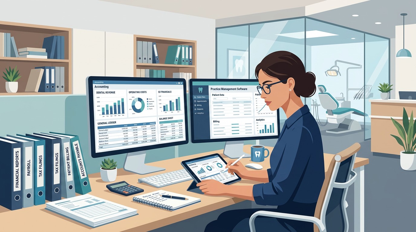 Bookkeeper reviewing dental practice financial records