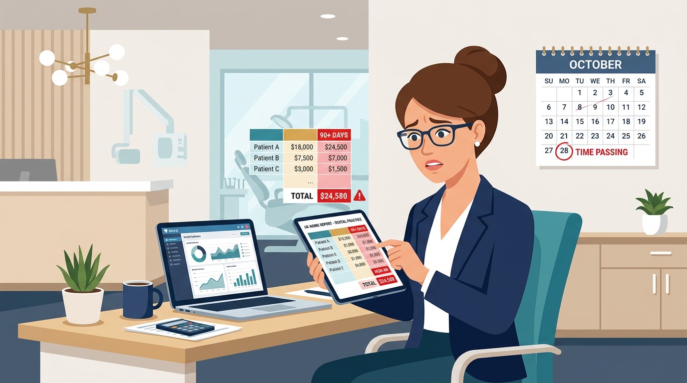 Office manager reviewing AR aging report with concern