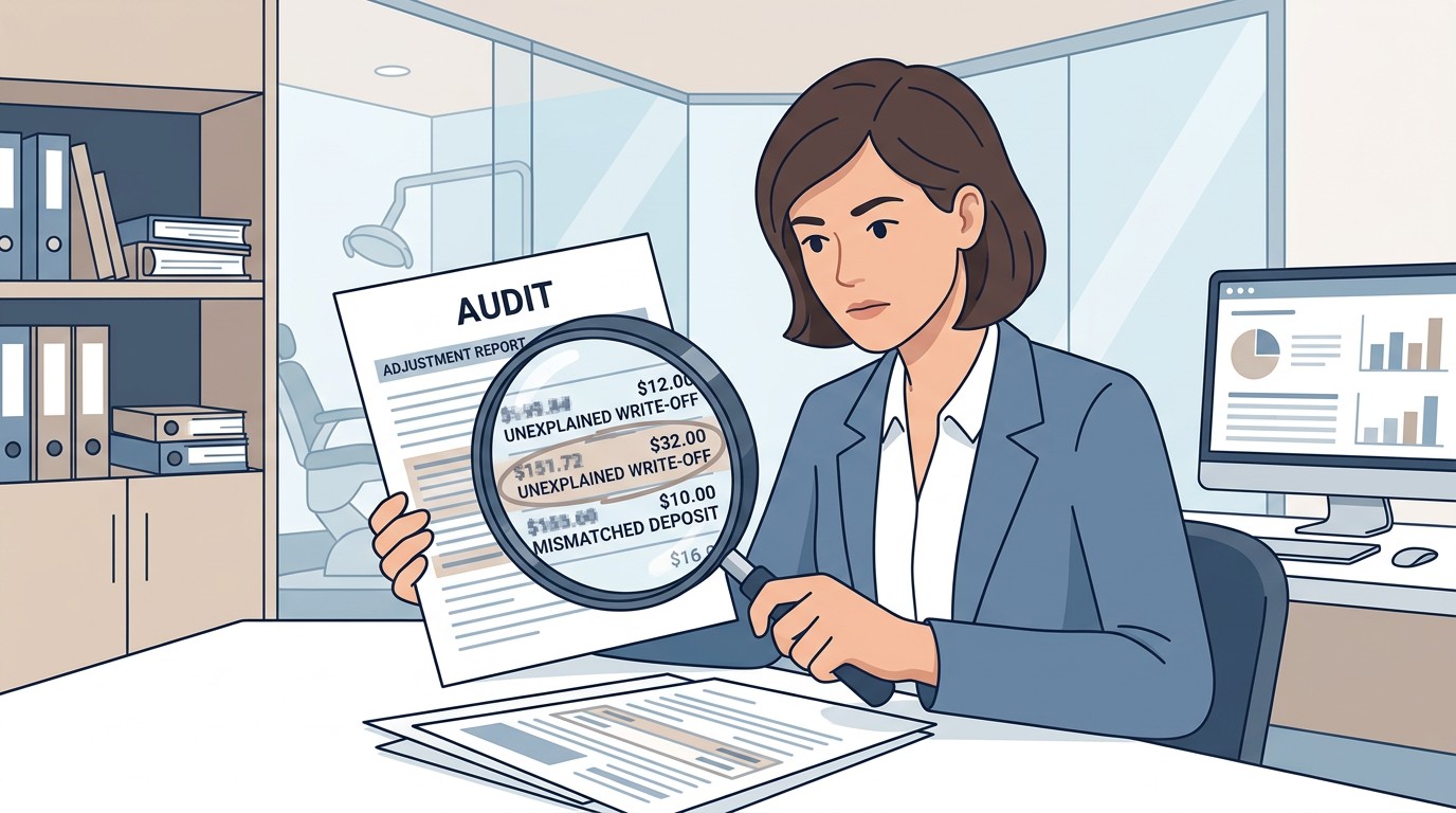 Auditor reviewing dental practice adjustment reports