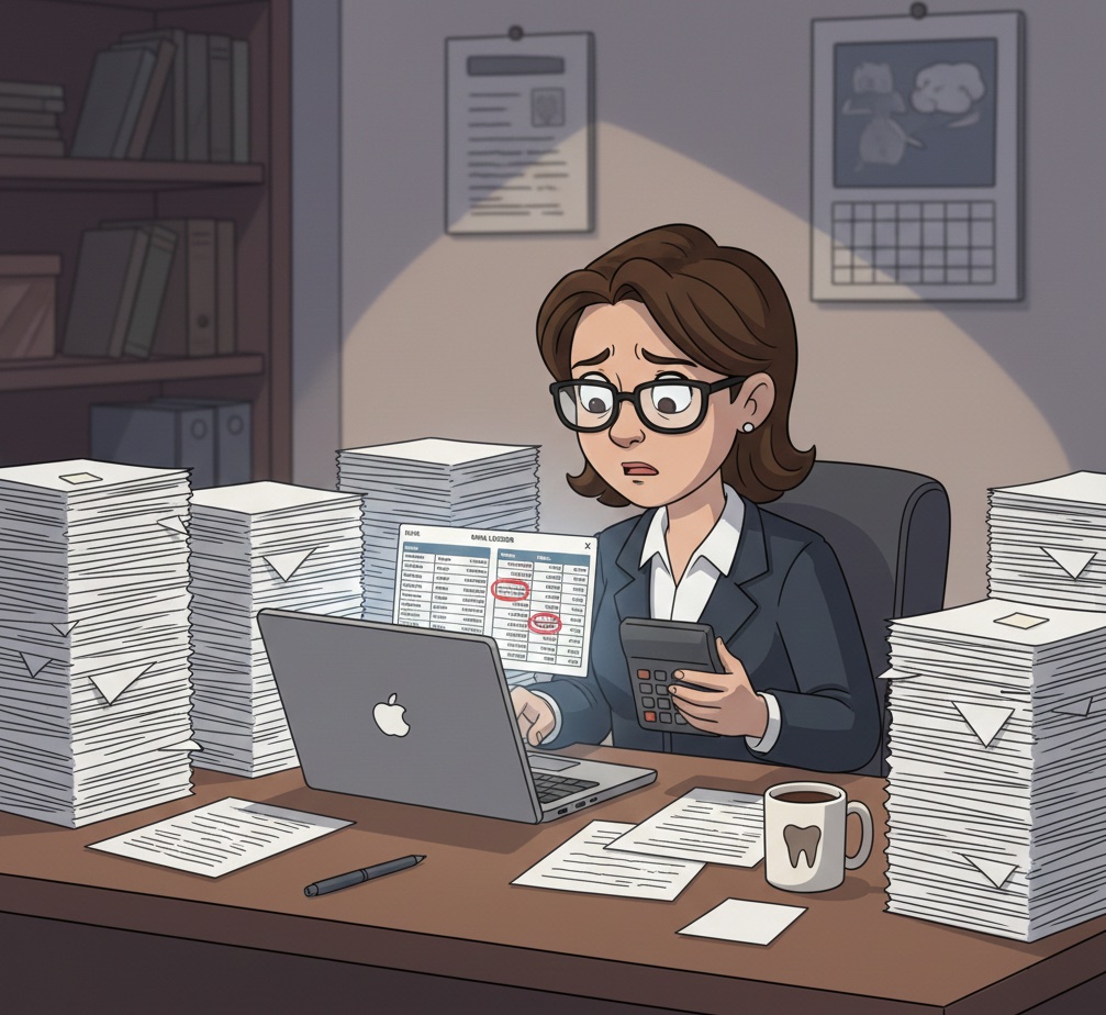 Bookkeeper reviewing inherited dental practice accounts