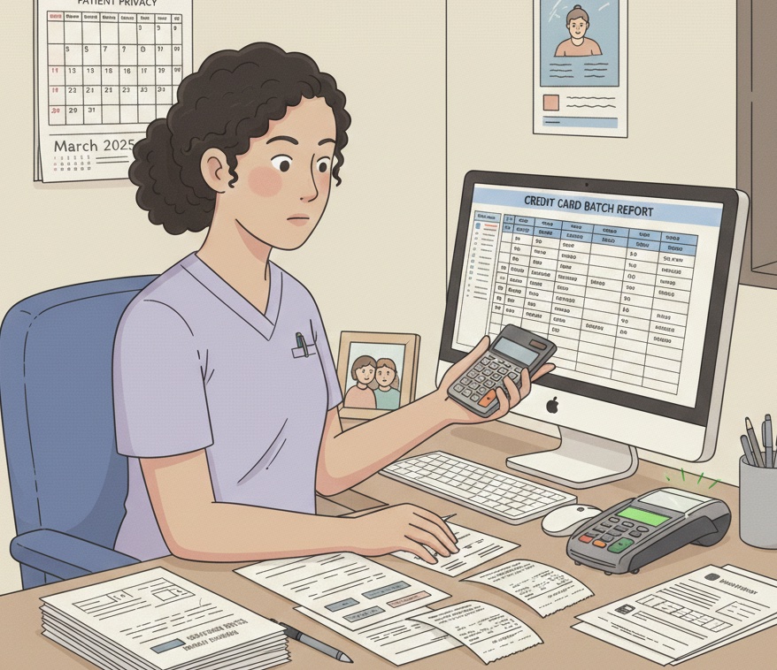 Dental office manager reconciling credit card batch reports