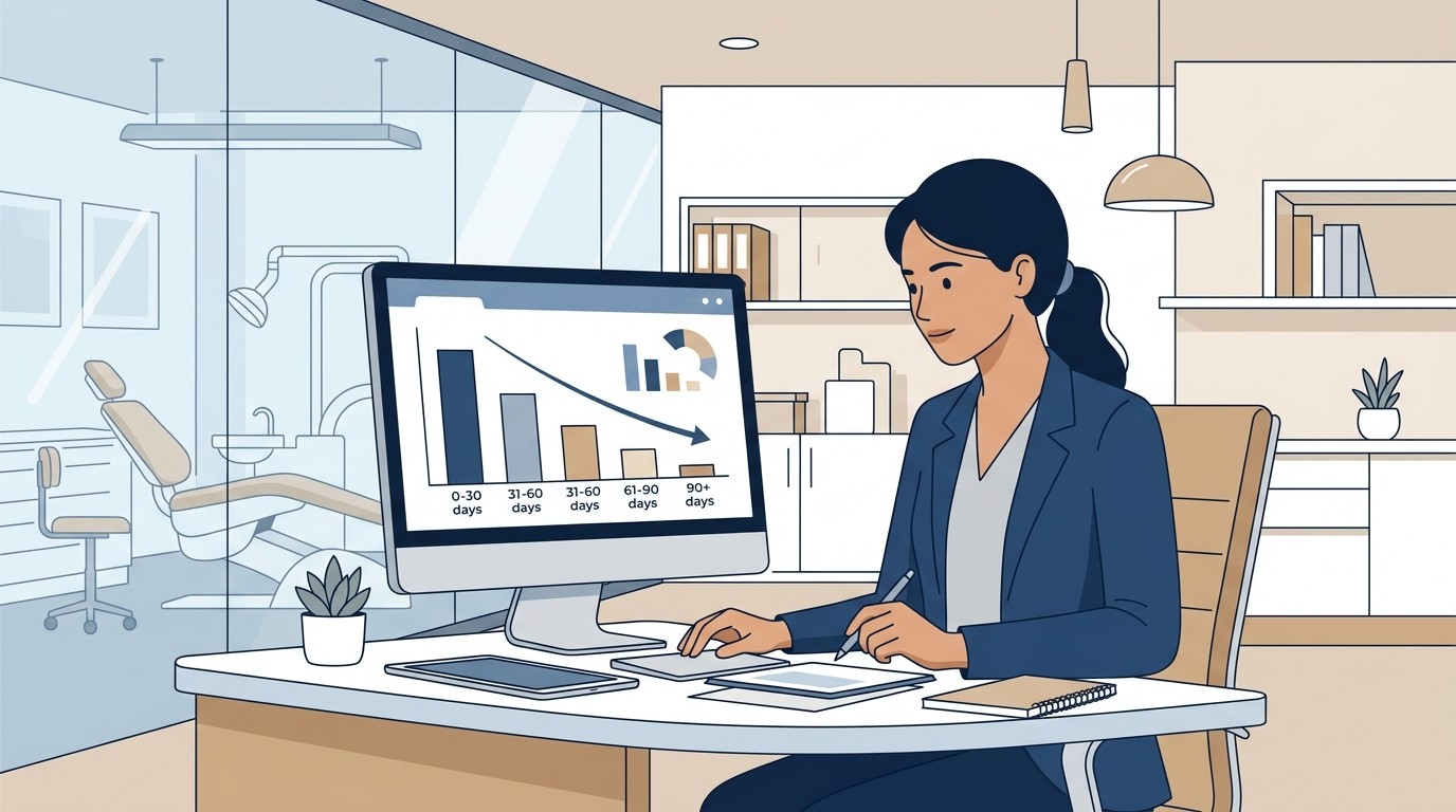 Dental office manager reviewing an accounts receivable aging report