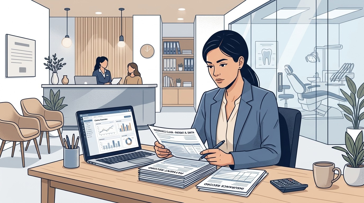 Dental practice owner examining insurance claims and payment records