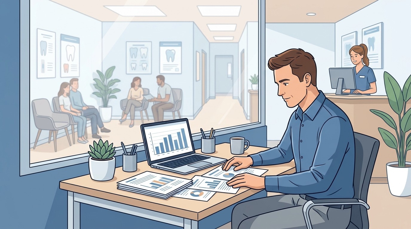 Dental practice owner reviewing financial reports while office manager works at front desk