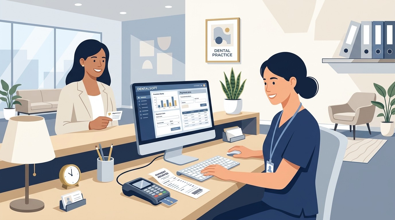 Front desk staff posting payment in dental practice management software