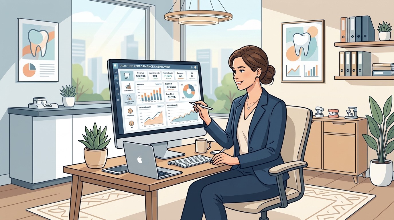 Dental practice owner reviewing key performance metrics on a dashboard