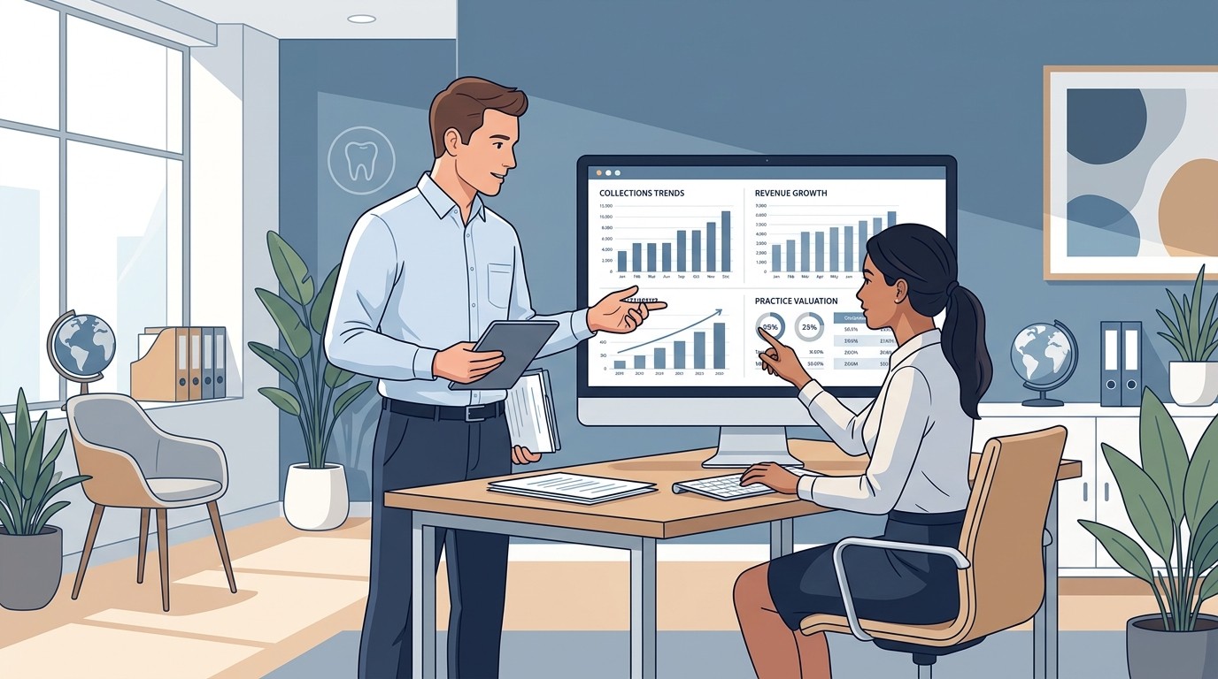 Dental practice owner and advisor reviewing a practice valuation analysis