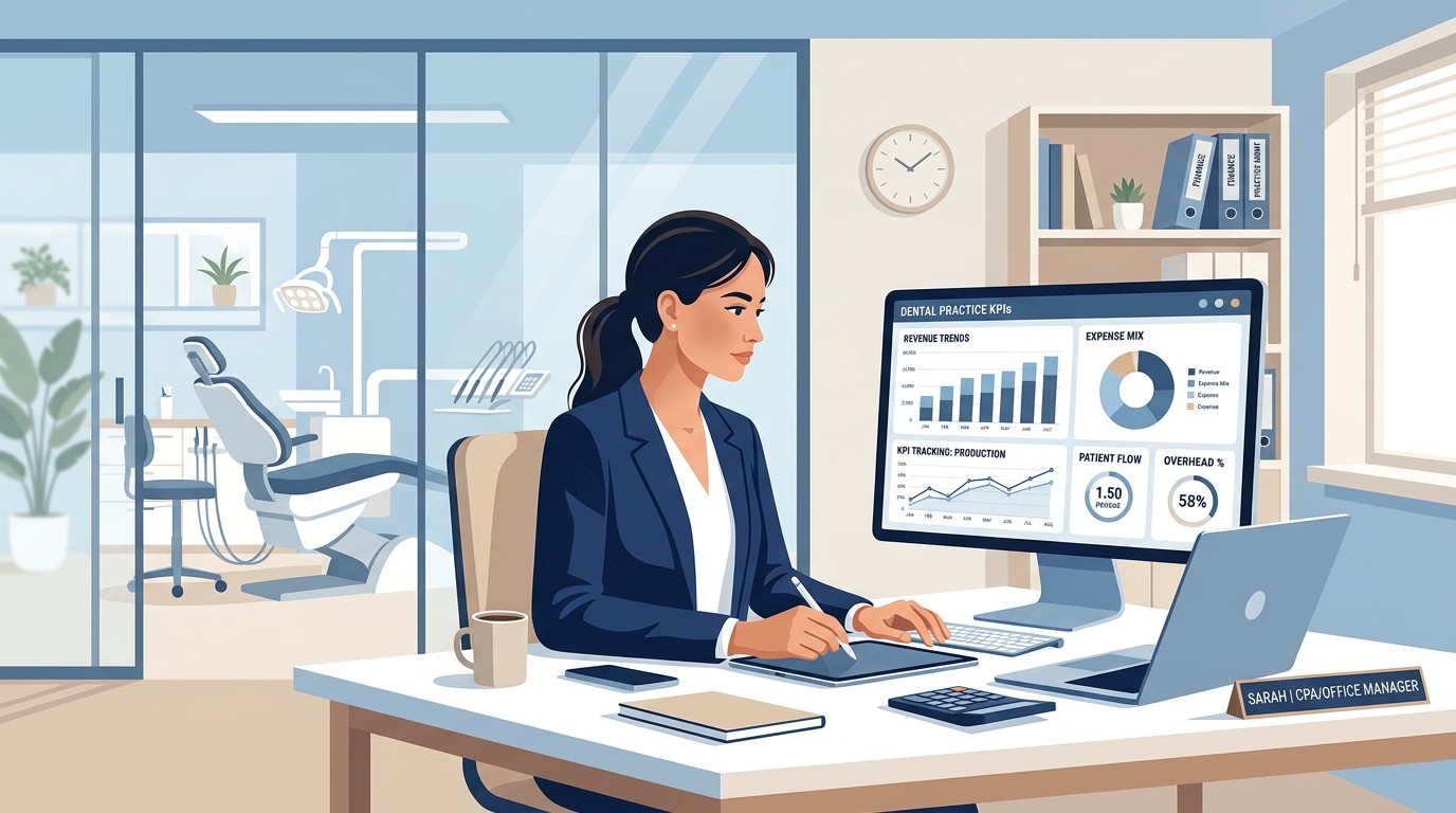 Accountant reviewing dental practice revenue cycle metrics