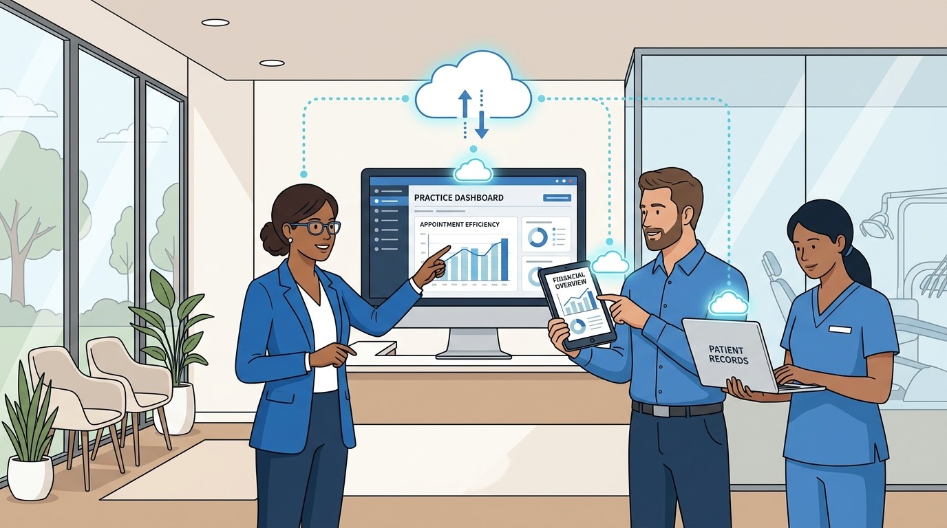 Dental practice team using Dentrix Ascend cloud software on multiple devices