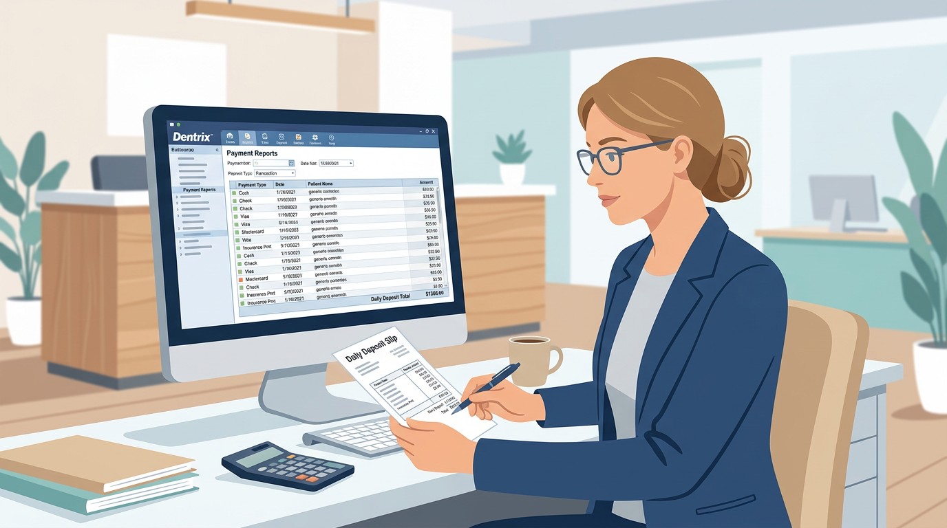 Dental office staff performing reconciliation in Dentrix software