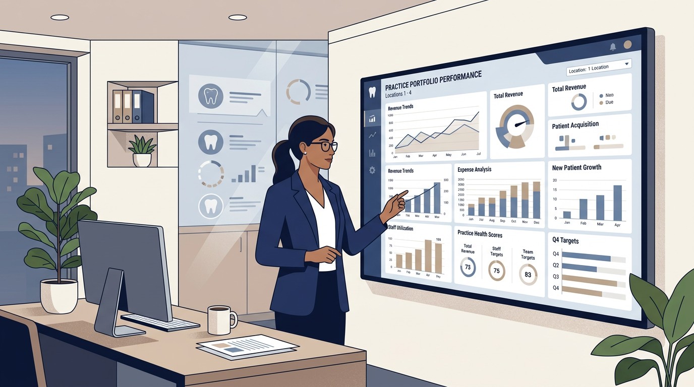 DSO executive reviewing financial dashboard across locations