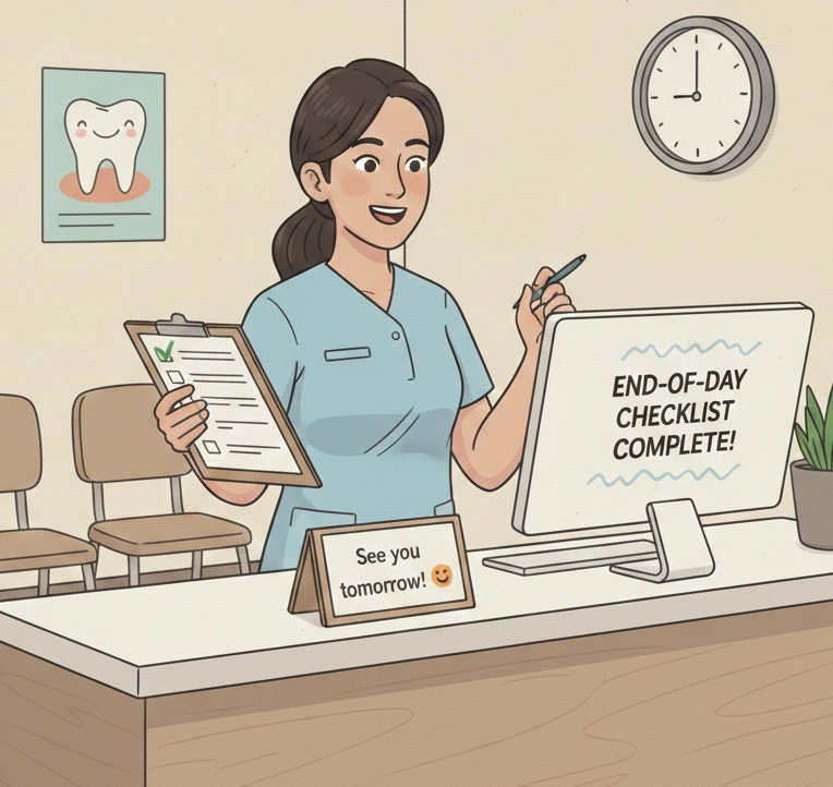 Dental office manager completing end-of-day checklist