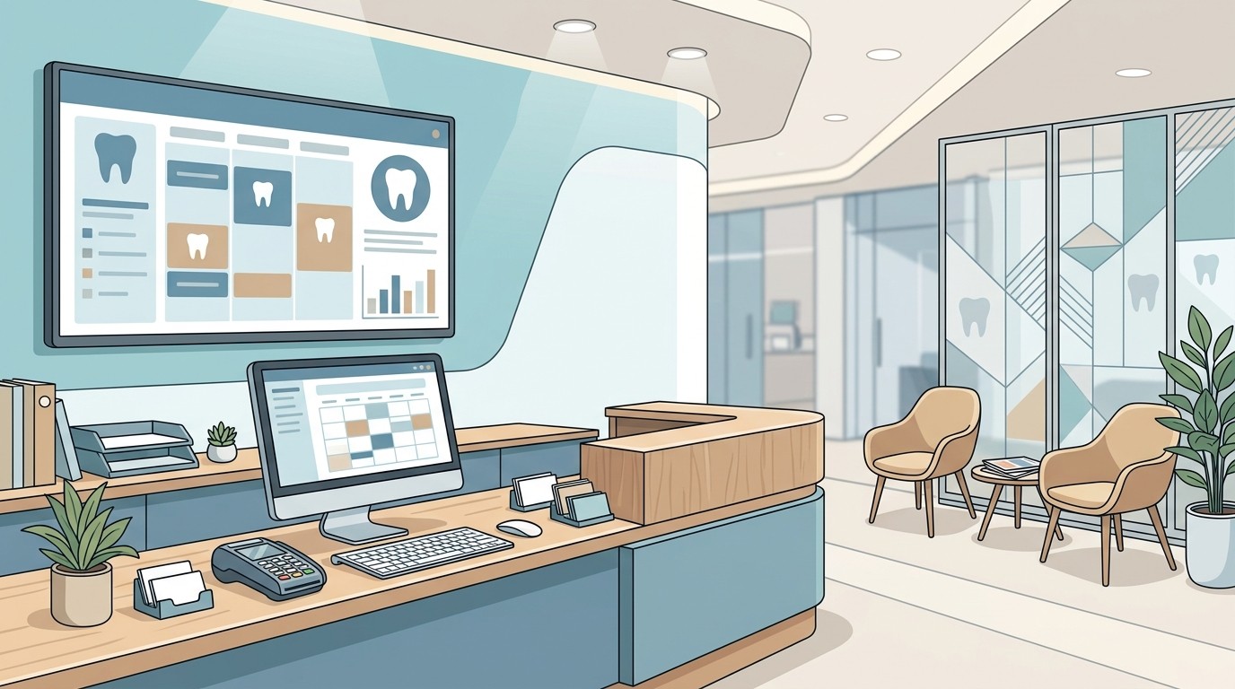 Dental practice front desk with payment processing area