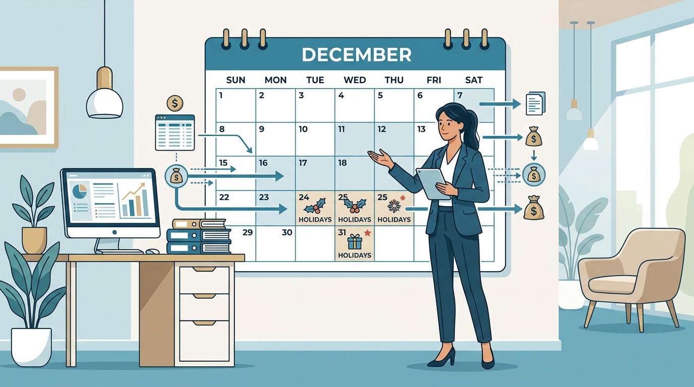 Dental office billing calendar with holiday closures marked