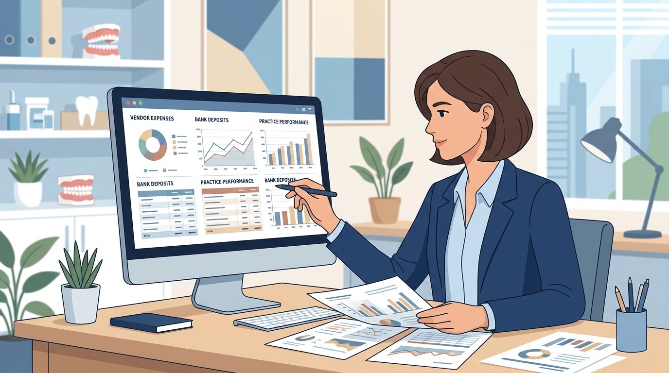 Dental practice owner reviewing performance metrics from a billing service vendor