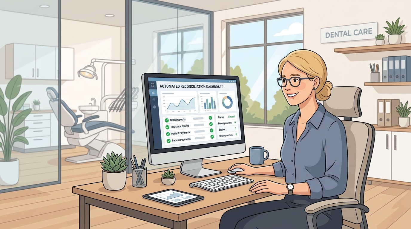Dental office manager reviewing automated reconciliation dashboard