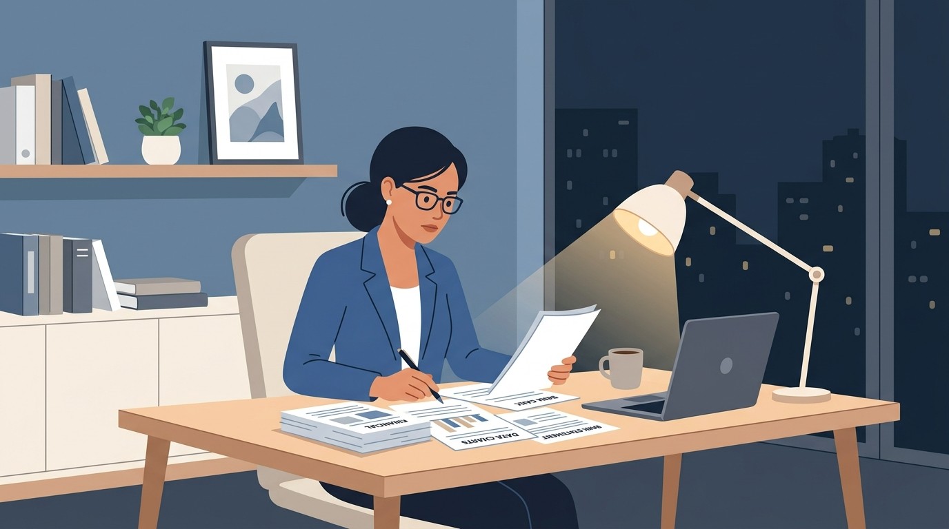 Dental practice owner discreetly reviewing financial records