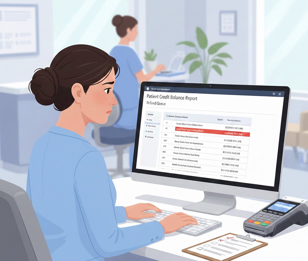 Dental office manager reviewing credit card refund reports