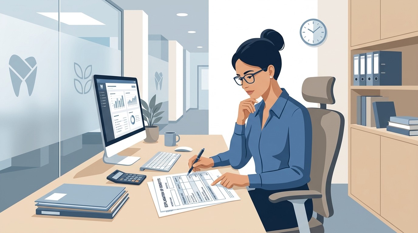 Dental billing staff reviewing an explanation of benefits document