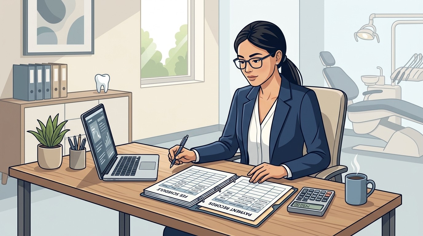 Dental billing staff comparing payer fee schedules to payment records