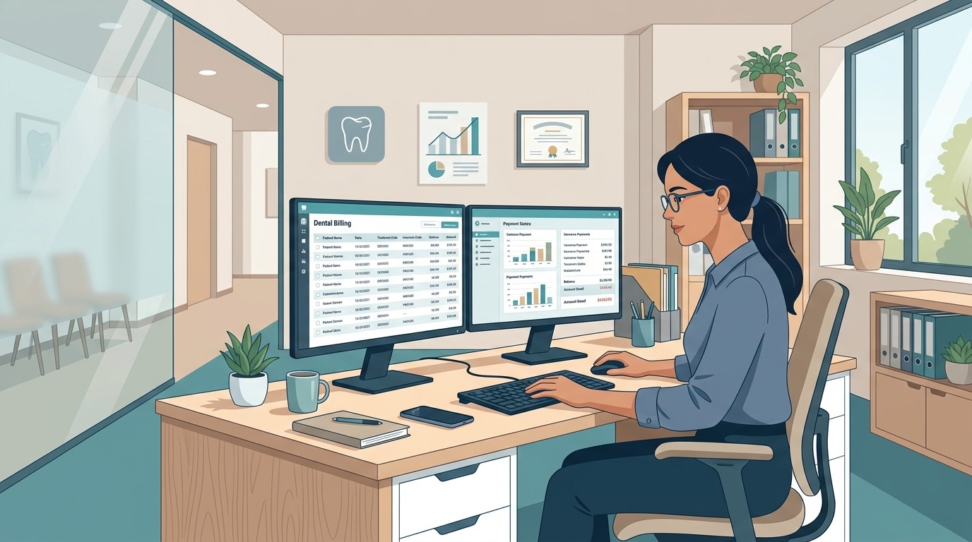 Dental billing specialist reviewing electronic remittance advice on computer screen