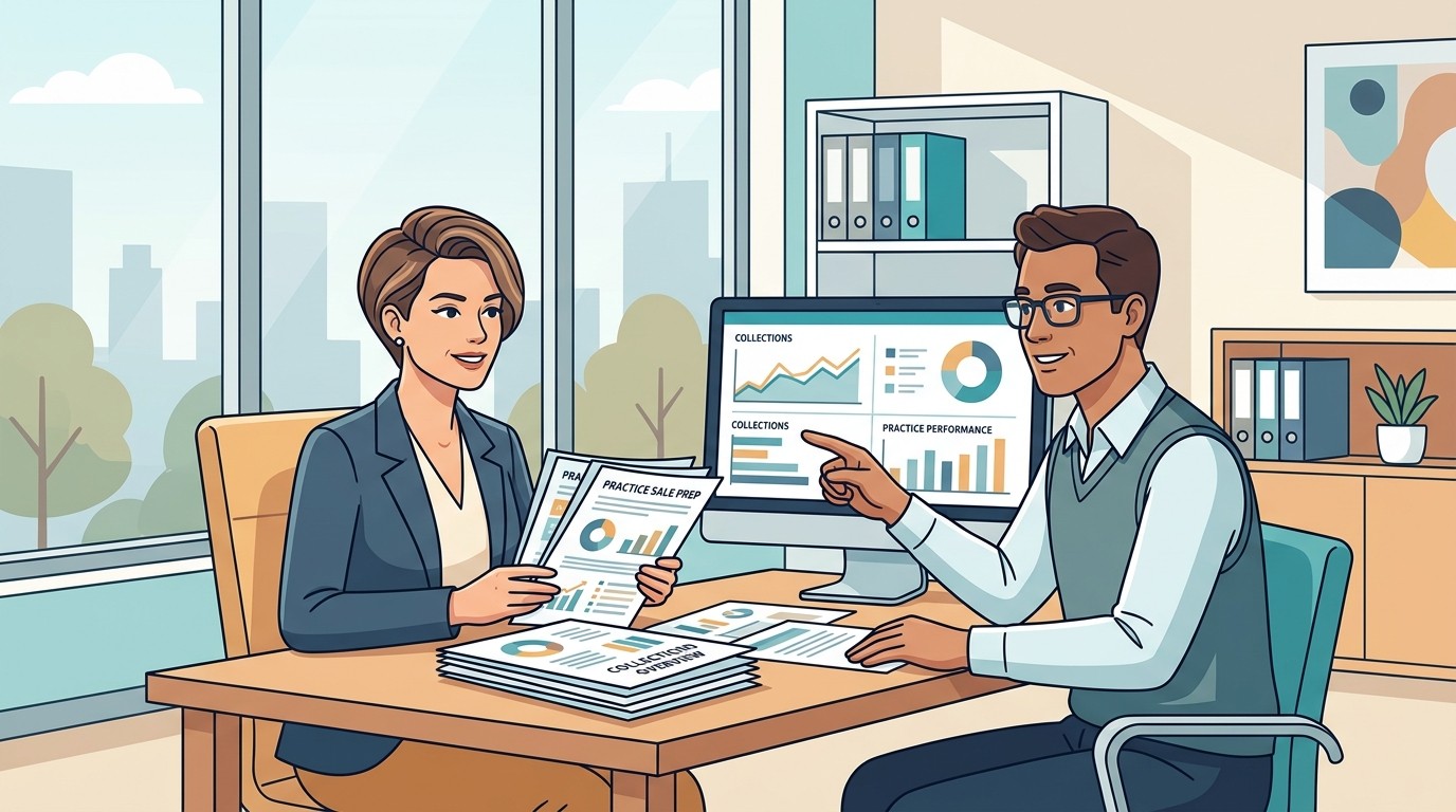 Dental practice owner reviewing sale preparation documents with an advisor