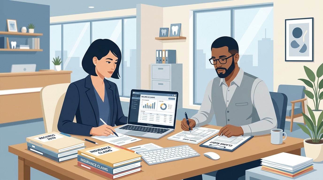 Dental practice owner reviewing billing records for compliance
