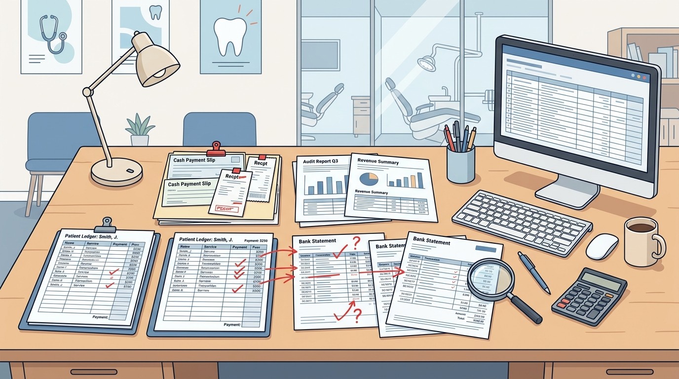 Cash payments and patient ledger documents representing payment skimming investigation