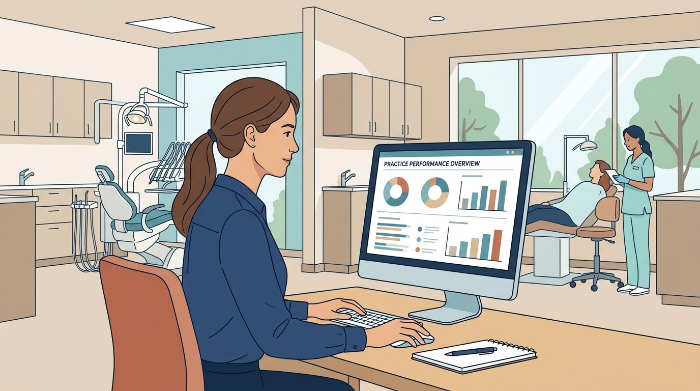 Dental practice staff reviewing Open Dental practice management reports