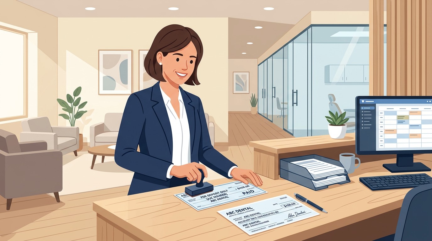 Front desk staff processing patient check payment