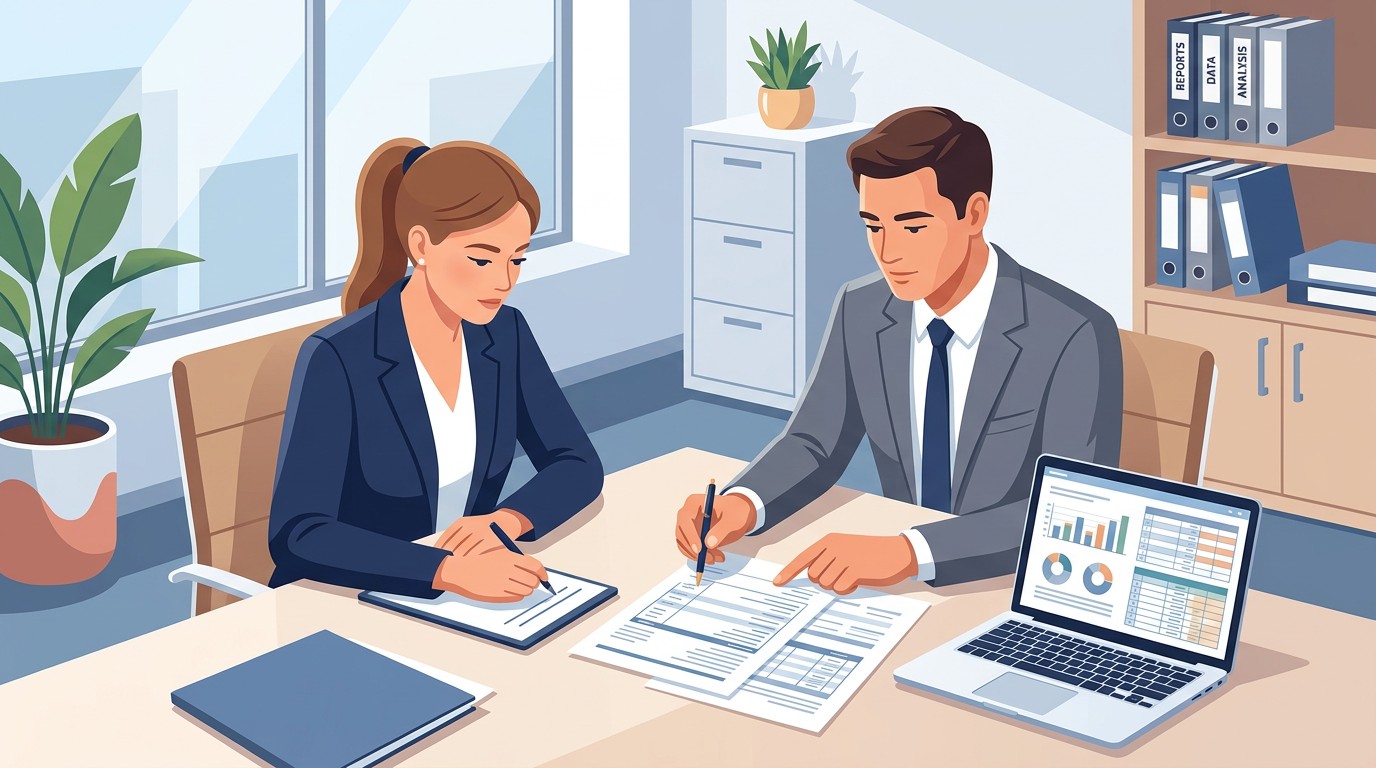 Financial due diligence documents and calculator on desk