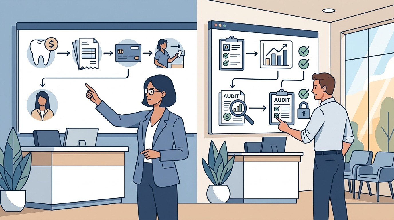 Two parallel workflows showing revenue cycle management and revenue integrity as complementary systems