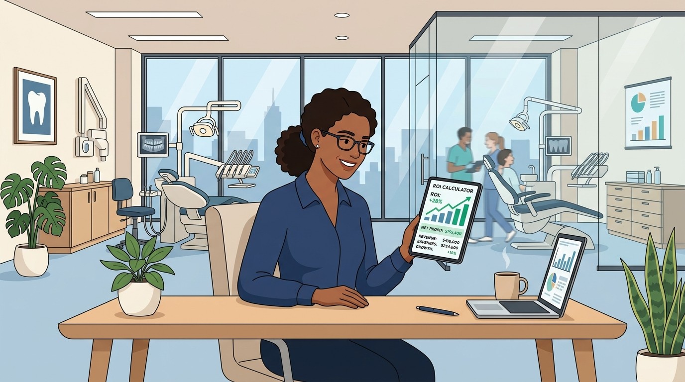 Practice owner calculating ROI on tablet with financial charts