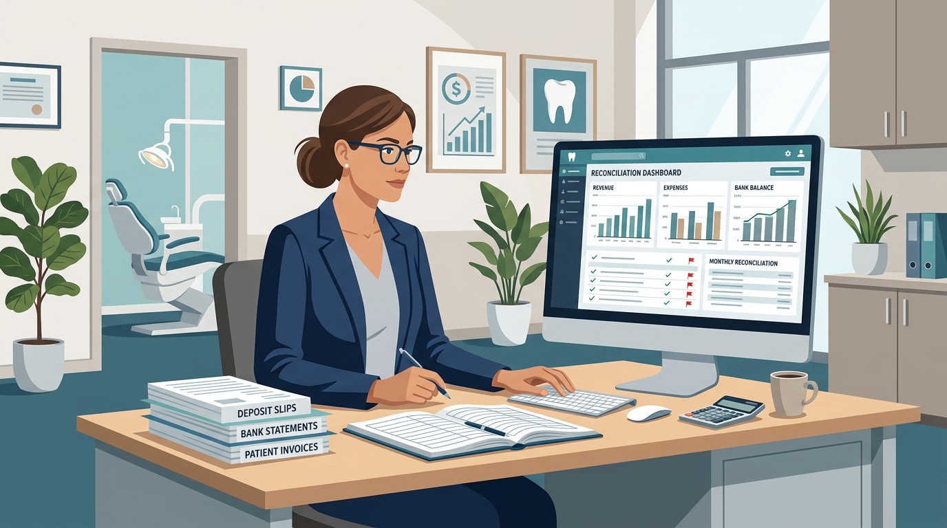 Comprehensive dental practice reconciliation guide showing financial documents and practice management system