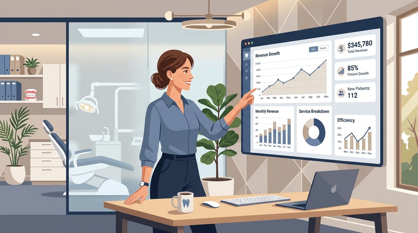 Dental practice owner reviewing comprehensive revenue dashboard