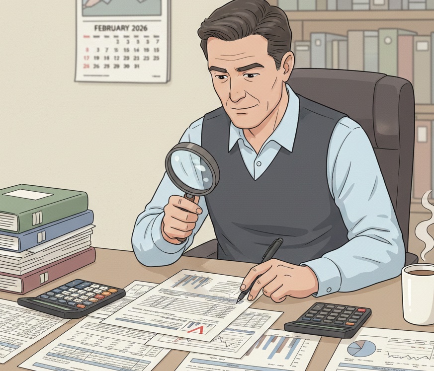 Business professional examining financial documents with magnifying glass