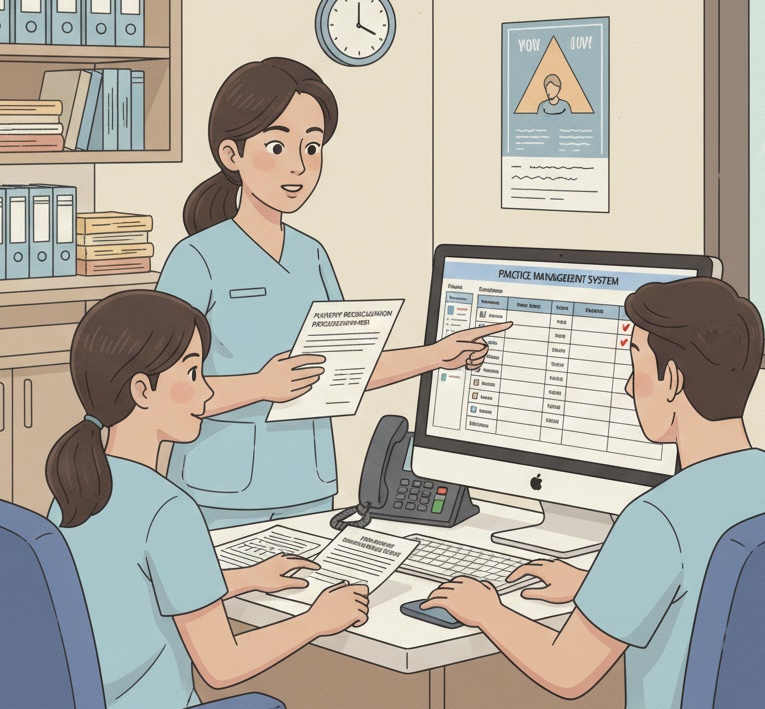 Dental office manager training front desk staff on payment reconciliation