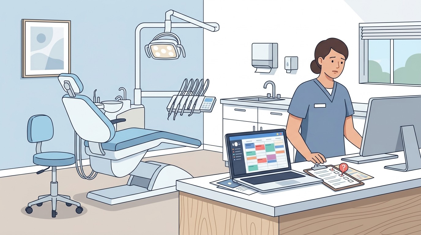 Dental operatory with empty chair and paperwork on counter