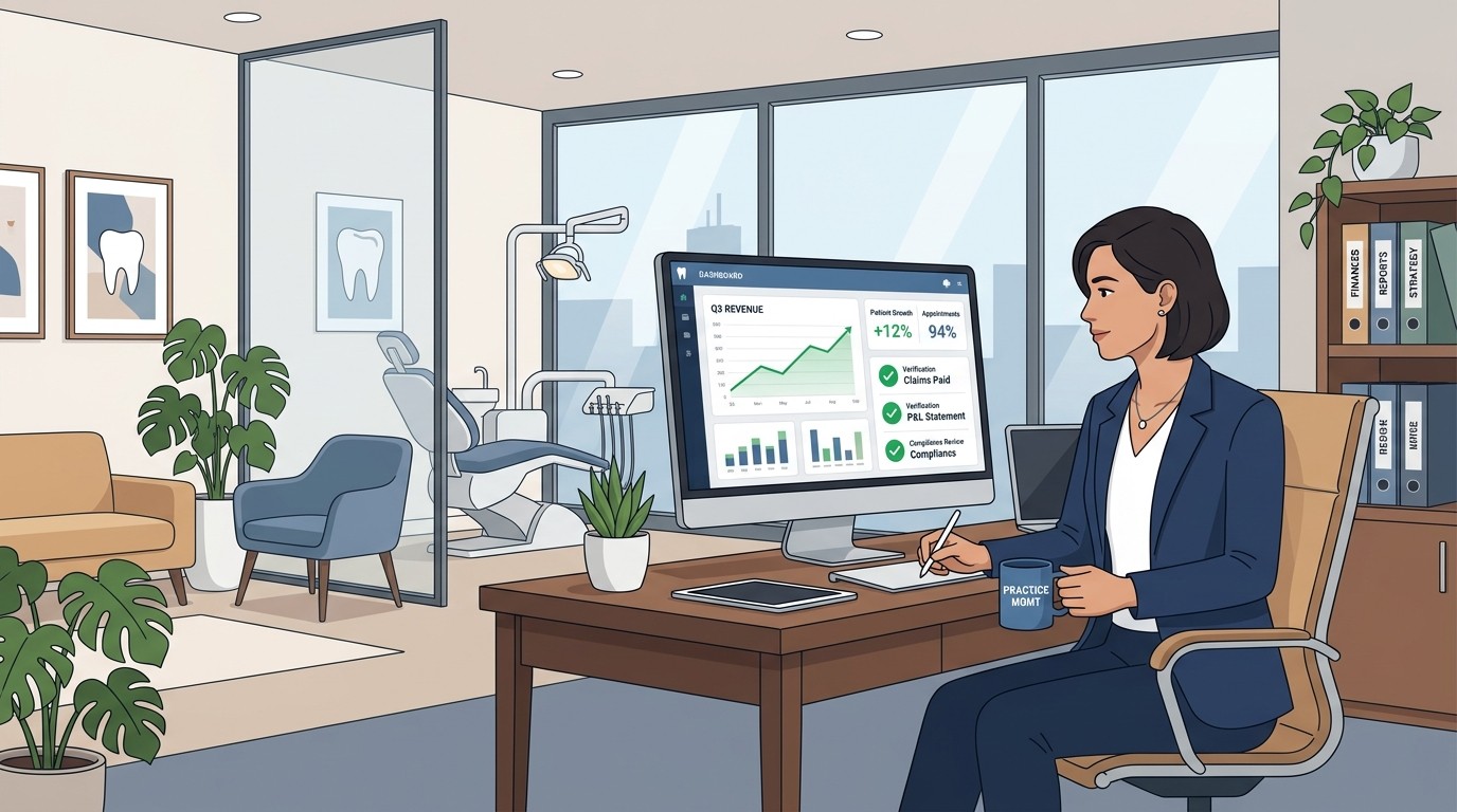 Dental practice owner reviewing revenue integrity dashboard with multiple verification checks