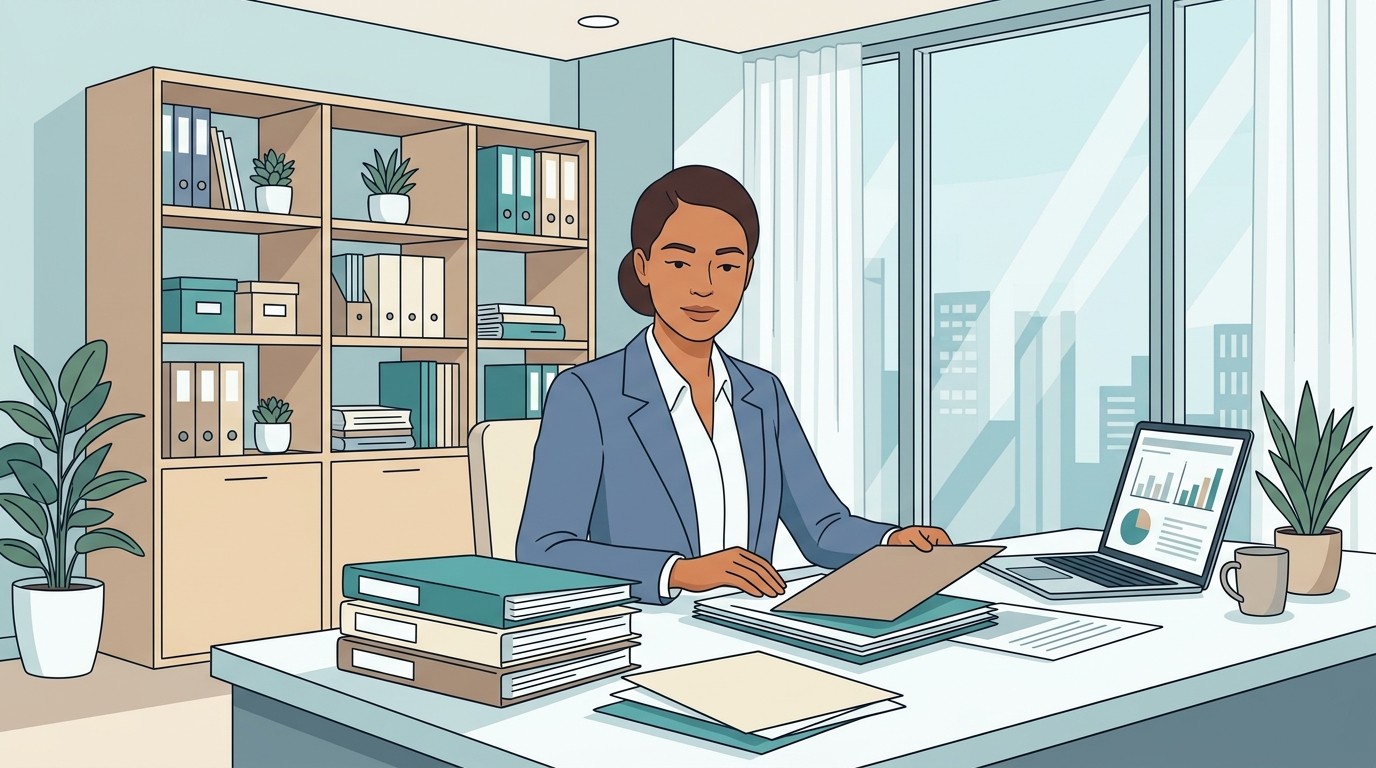 Dental practice owner organizing financial documents and evidence