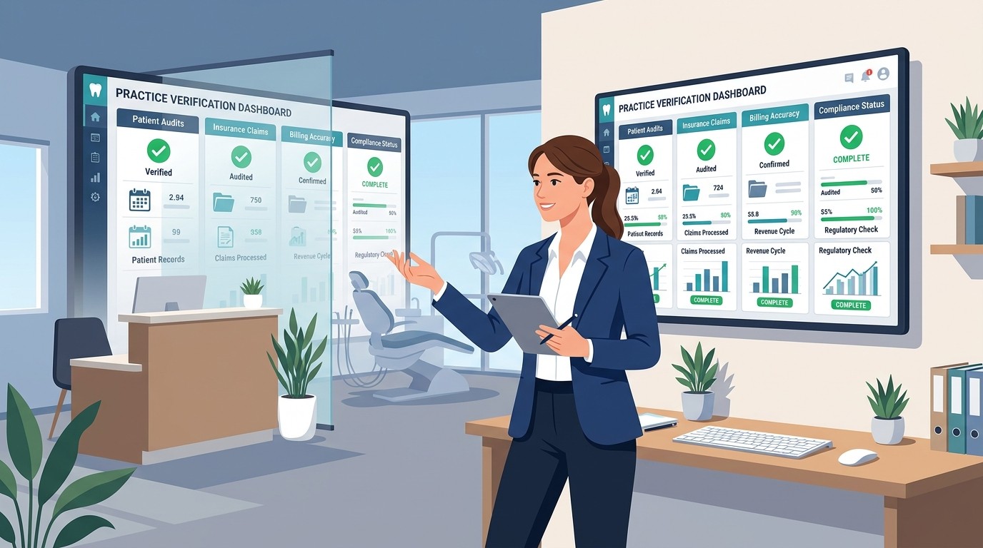 Practice owner reviewing audit dashboard showing billing verification