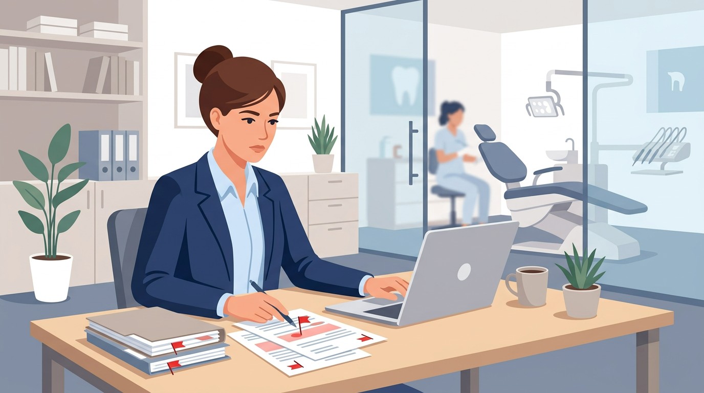 Auditor reviewing dental practice financial records with concern