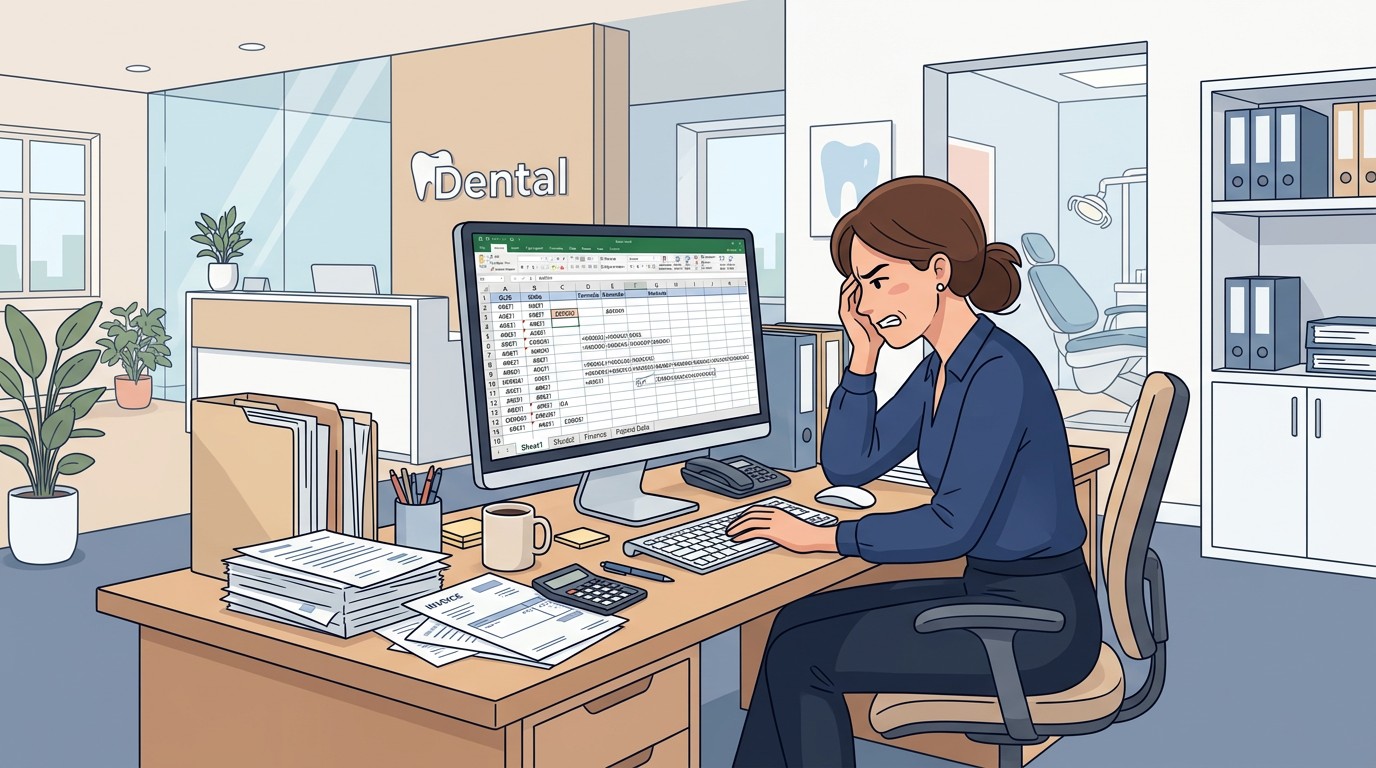 Frustrated office manager looking at complex Excel spreadsheet