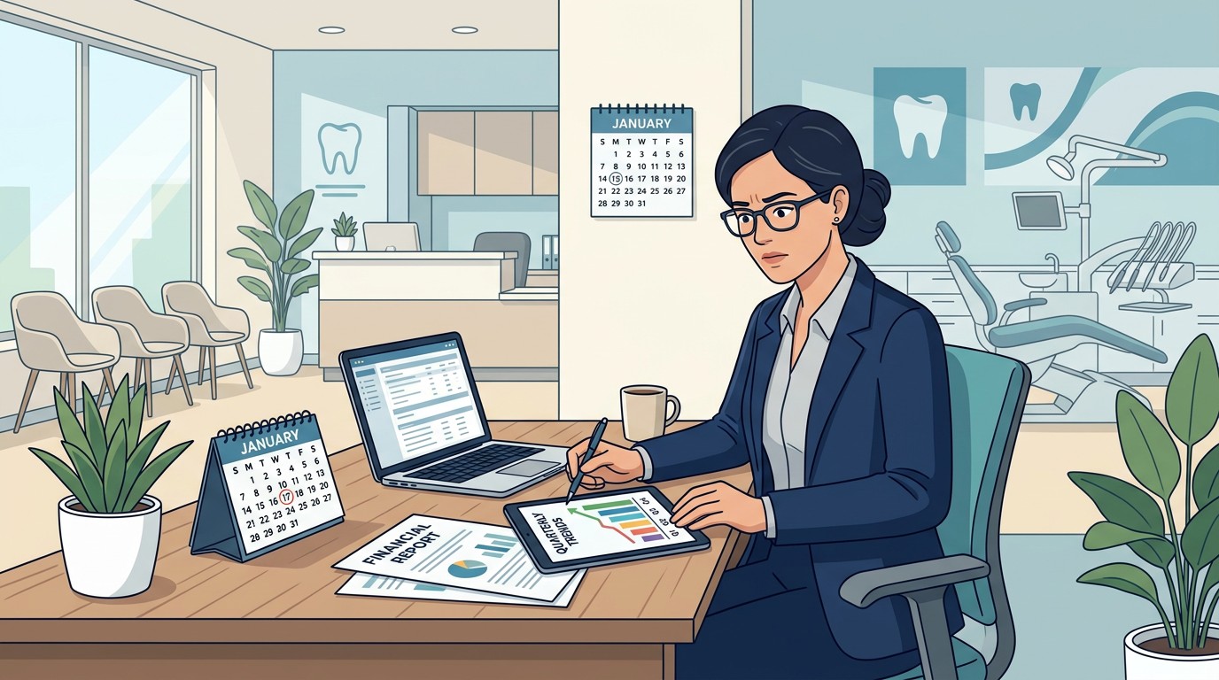 Practice owner reviewing Q1 collection reports