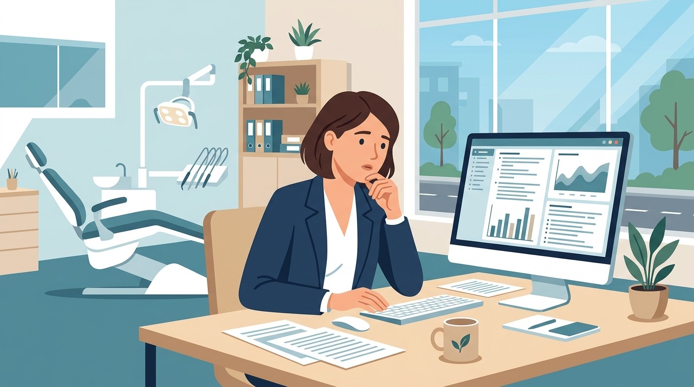 Practice owner reviewing audit logs on computer with concerned expression
