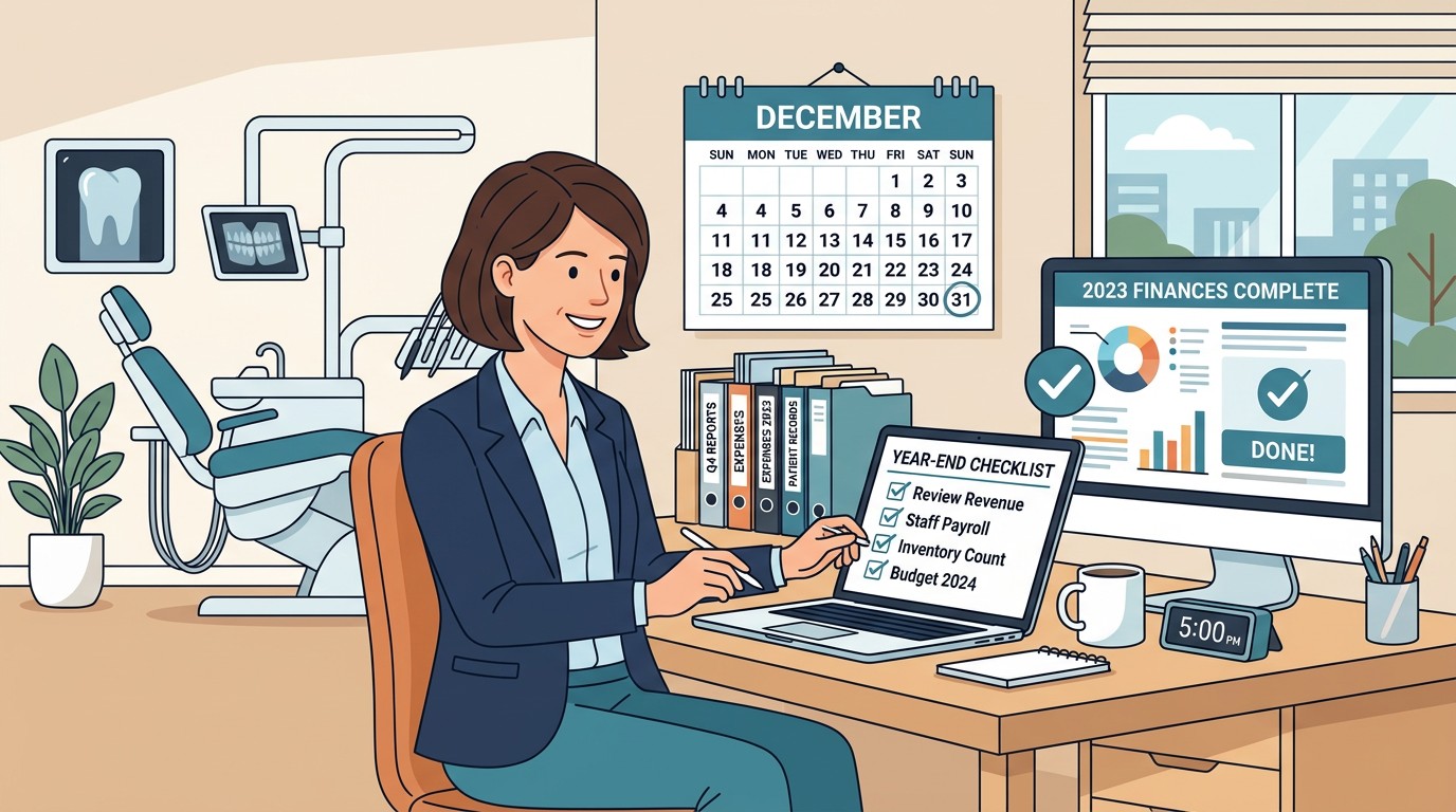 Dental practice owner completing year-end financial tasks